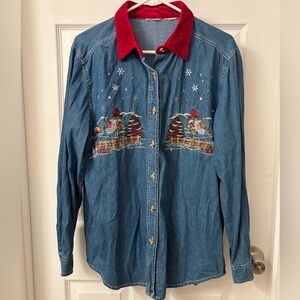 Vintage Bobbie Brooks Denim Christmas Shirt Embroidered Button Up Ladies M